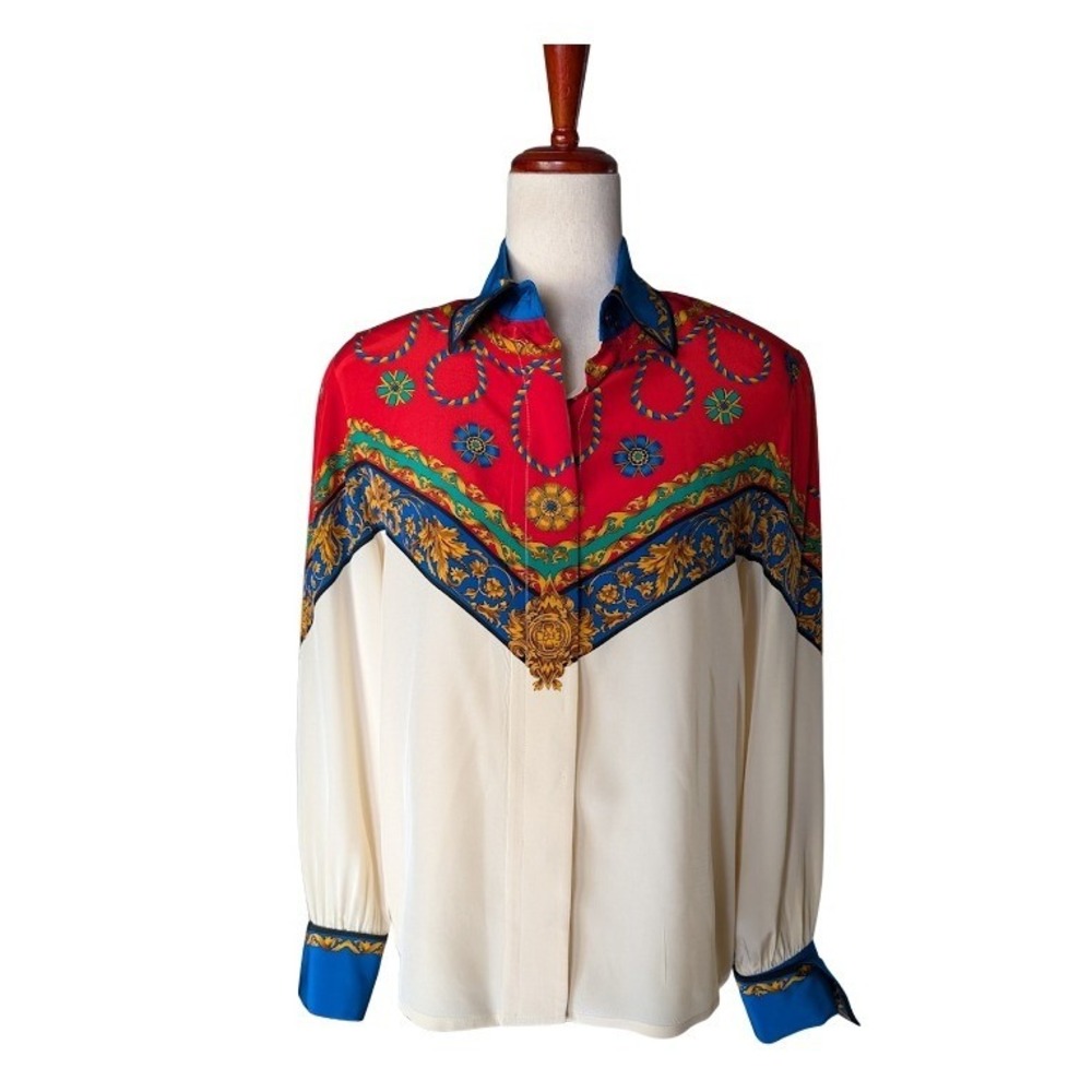 Cache Vintage 100% Silk Baroque Scarf Print Blouse Red Cream Blue Gold Size 6